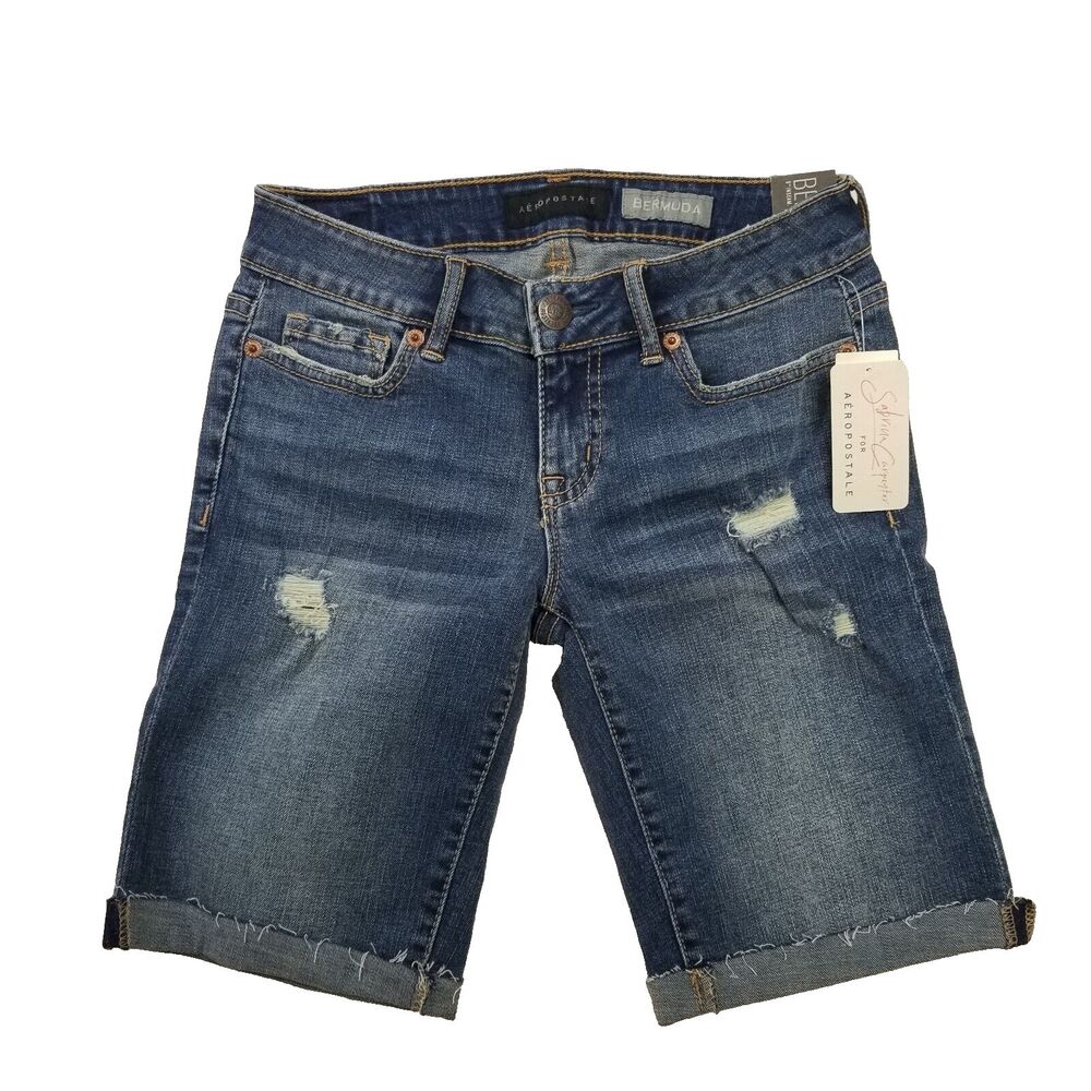 Aeropostale Jean Bermuda Shorts Womens 00 9" Inseam Distressed Blue Denim Cuffed